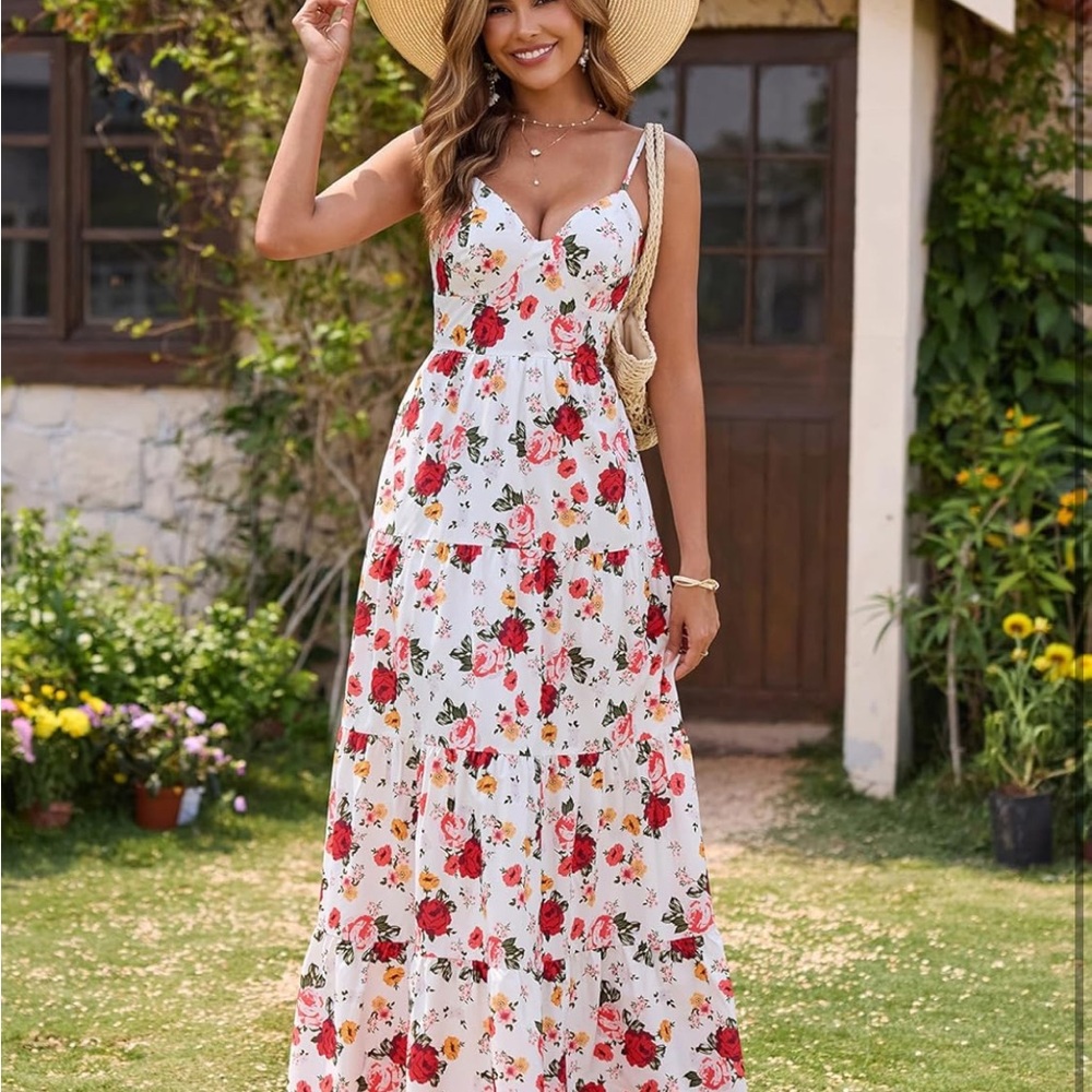 Floral White Maxi Dress sexy spaggeti strap dress